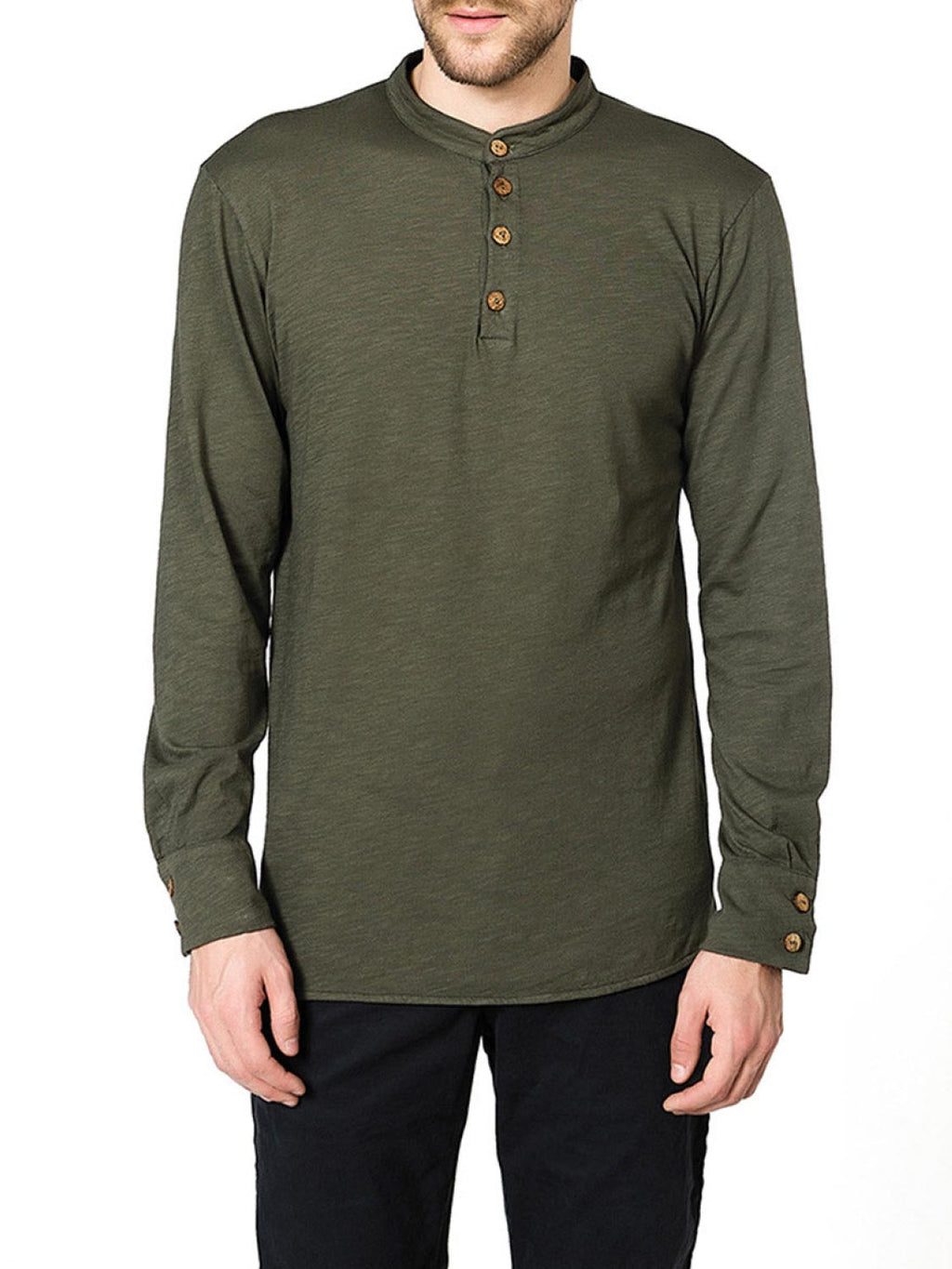 Henley Organic Sleeve Khaki Cotton T-shirt Long Slub